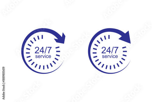24 hours vector icon set. 24 7 service icon set. 24 hour assistance icons. 24 hours 7 days in week support icons. Vector Illustration. 