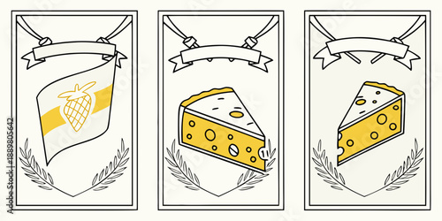 Heraldic Food Emblems – Stylized Hop Cone & Cheese Wedges with Laurel Banners | Regional Specialty Art, USA, US, United States

