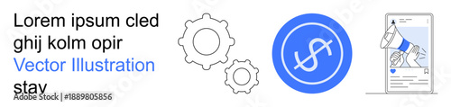 Financial processes, business marketing, digital promotion, economic growth, app development, workflow. Blue dollar symbol, gear icons and smartphone with a megaphone image. Financial processes