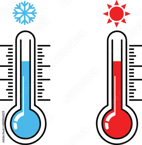 Thermometer showing hot and cold temperature levels icon set vector