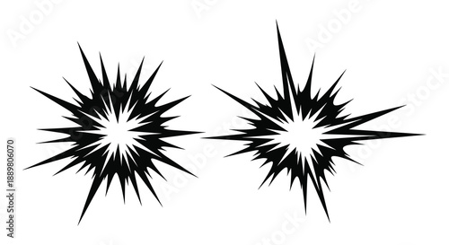Two abstract black starburst shapes with radiating spikes are prominently displayed against a plain white background creating a striking visual