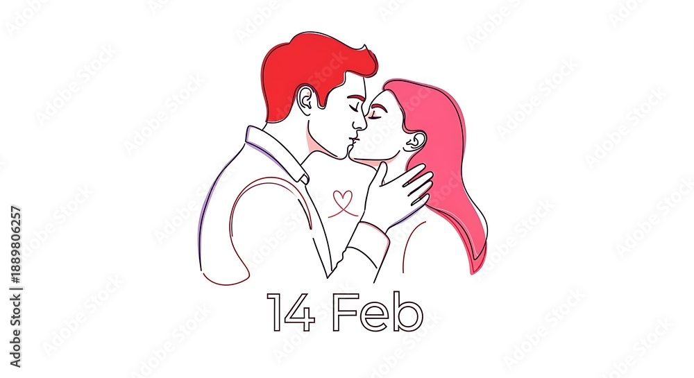 Obraz premium Minimalist line art illustration of a couple kissing, with a heart symbol and '14 Feb' text, representing love and romance.