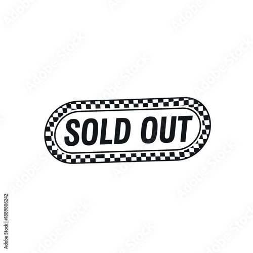 Dynamic vector graphic 'Sold Out' badge, featuring prominent text framed by a classic checkerboard border, perfect for clearly indicating item unavailability across various platforms