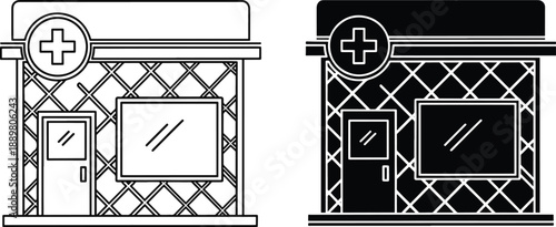 Hospital building icon facade with cross symbol outline and solid