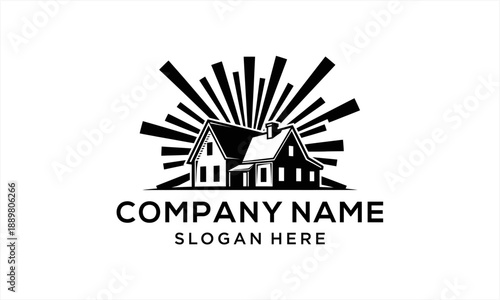Classic house silhouette with radiating sunbeams, perfect for real estate branding.