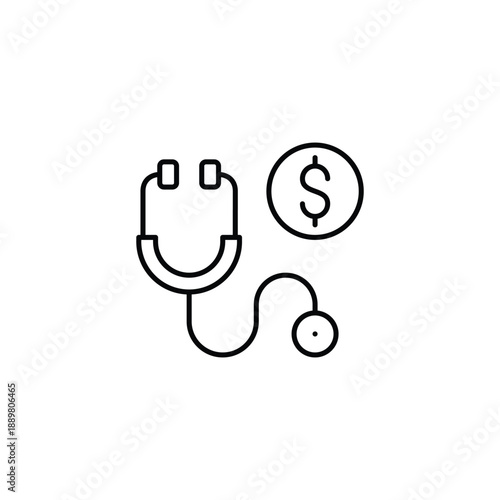Stethoscope and dollar sign. Medical cost, healthcare expenses. Pixel perfect, editable stroke vector icon