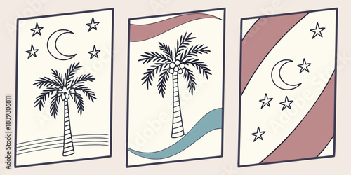 Palmetto Flag Panels Featuring Crescent Moon, Stars & Striped Backgrounds in Stylized Southern Triptych, USA, US, United States
