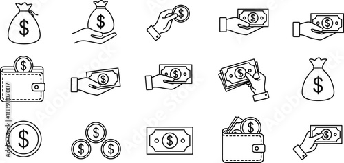 Money and currency collection with cash bags and financial objects