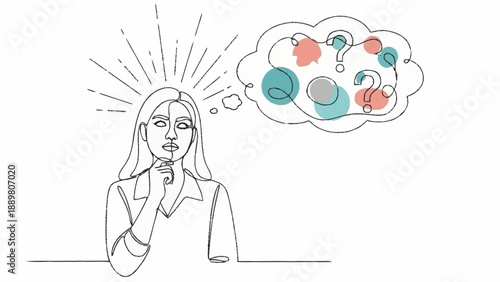 Woman thinking with question marks in thought bubble.
