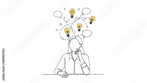 Woman thinking with many ideas represented by light bulbs.