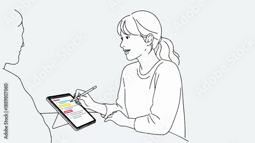 Woman using a digital tablet with a stylus pen during a meeting.