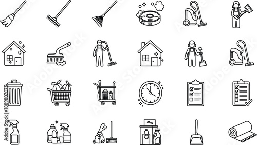 Cleaning tools icons collection, broom, vacuum, mop, spray bottle, checklist, cleaning supplies, housekeeping equipment, black and white, vector illustration, line style