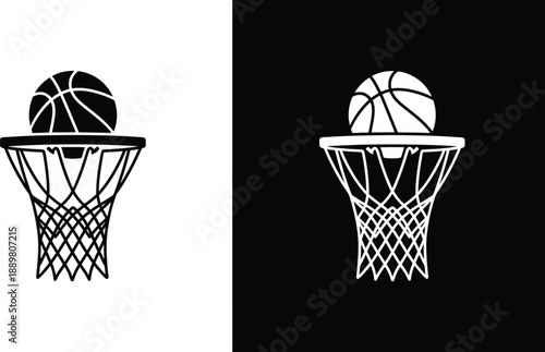 Basketball hoop with ball silhouette icon set on transparent background