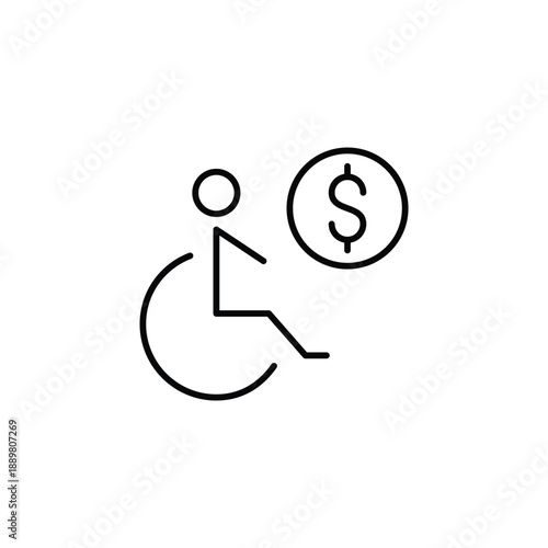 Wheelchair user and dollar. Accessibility support cost, disability assistance payment, inclusive service expense. Pixel perfect, editable stroke vector icon