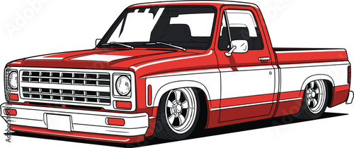 Classic pickup truck illustration with red paint and custom wheels