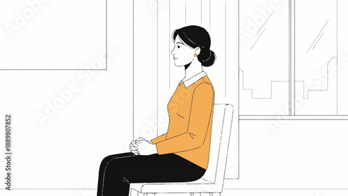 Woman sitting patiently in a chair with hands clasped.