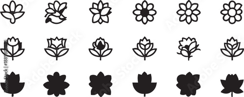 Flower icon vector set: floral design elements, blossom graphics, plant symbols eps silhouette