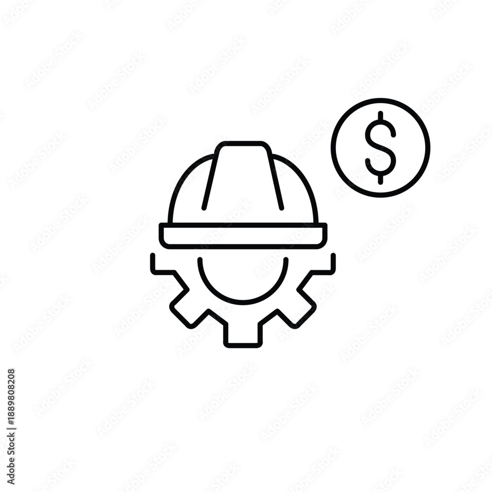 Fototapeta premium Cogwheel, hard hat and dollar. System payment, repairs cost. Settings update. Pixel perfect, editable stroke vector icon