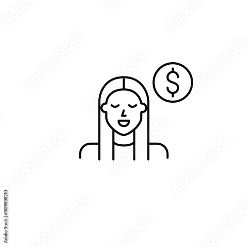 Young woman avatar and dollar symbol. Banking and finances, user subscription. Pixel perfect, editable stroke vector icon