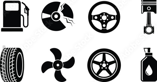 Car parts icons collection gas pump broken disc steering wheel piston