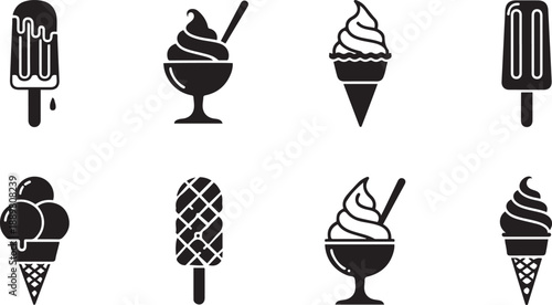 Collection of Black Ice Cream and Popsicle Icons on White Background frozen dessert