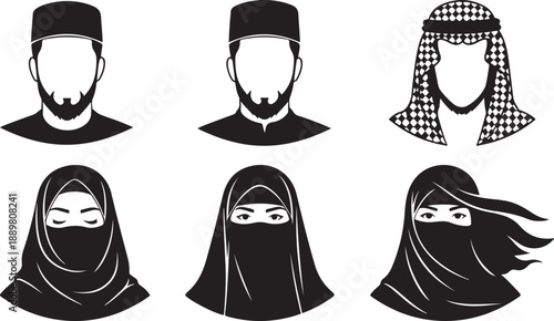 Diverse Muslim Men and Women Headwear Silhouettes Vector Icons woman