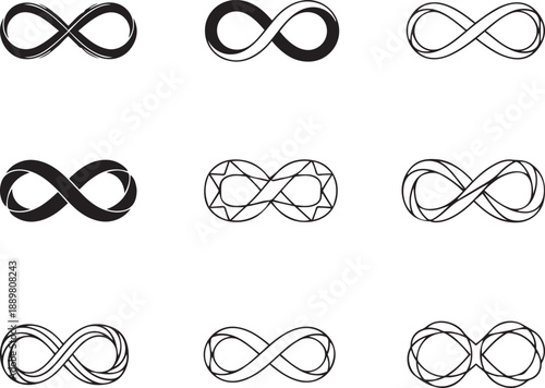 Nine Black Infinity Symbols in Various Styles on White Background loop endless