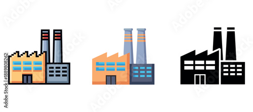 Colorful and monochrome factory icons with industrial structures