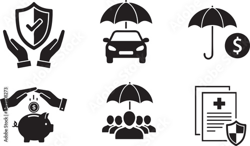 Insurance icons with hands and umbrellas protecting assets on white background Keywords: insurance