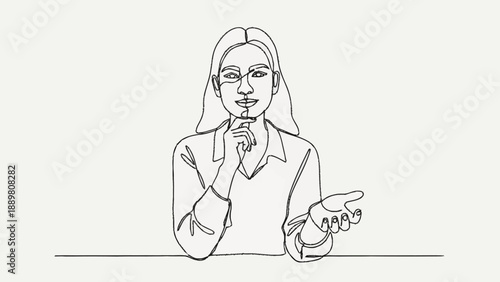 Woman thinking with hand on chin and open palm gesture.