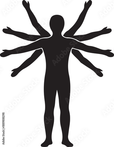 Black Silhouette of a Person with Multiple Arms on White Background human figure