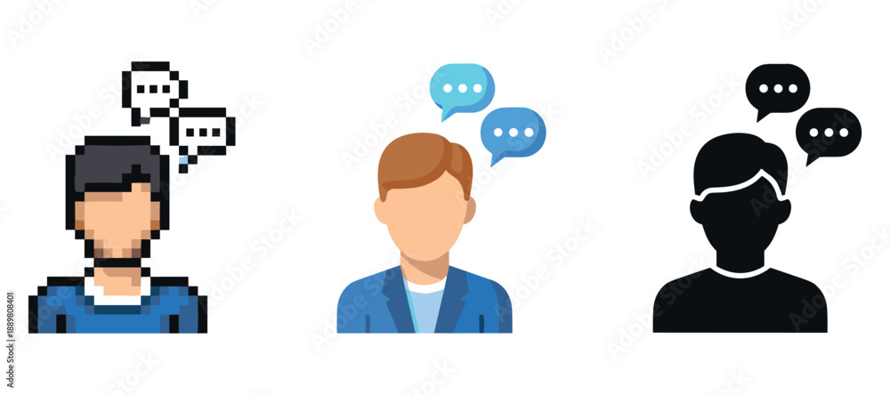 Fototapeta premium Three diverse male avatars with speech bubbles: pixelated, flat, and silhouette styles