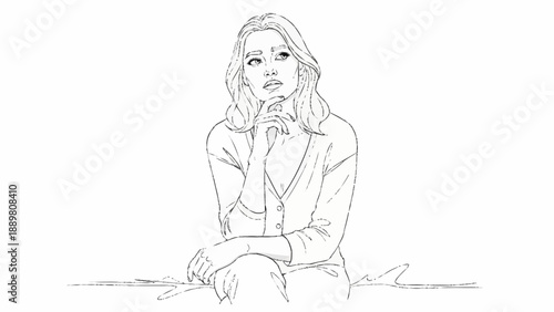 Woman thinking with hand on chin sketch.