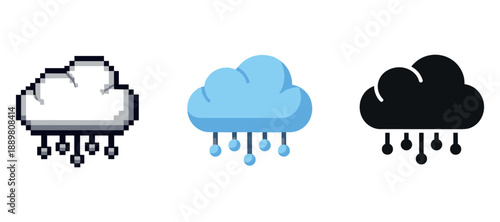 Pixel art and minimalist cloud icons with raindrops on white background