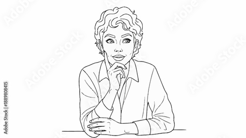 Woman thinking with hand on chin line art.