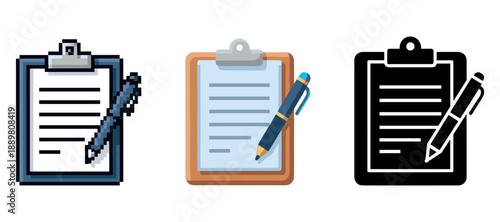 Pixel art, modern, and silhouette clipboards with pens illustration