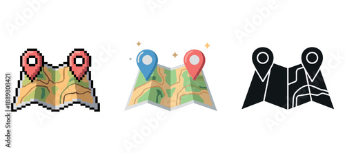 Set of three illustrated maps with colorful location pins