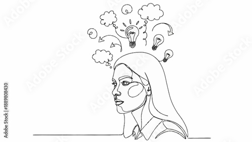 Woman thinking with lightbulbs and clouds above her head.