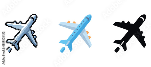 Set of three airplane icons in pixel, flat, and silhouette styles