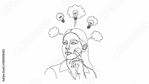Woman thinking with lightbulbs symbolizing ideas above her head.
