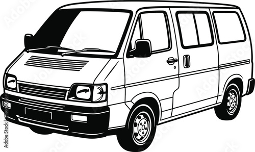 Black and white outline drawing of a passenger van