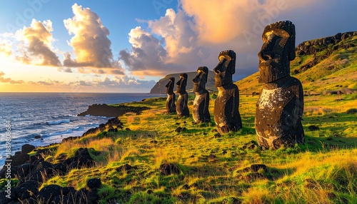 Easter Island with Moai Statues on Coastal Cliff at Sunset