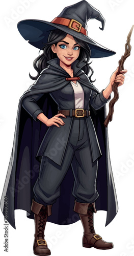 cartoon witch with magic wand fantasy character female sorcerer.