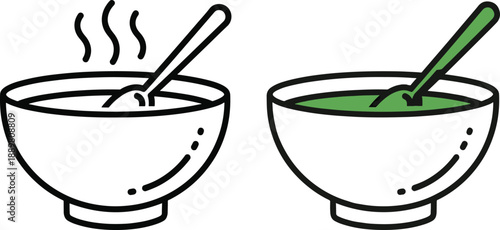 Healthy green soup bowl with spoon vector line art icon illustration