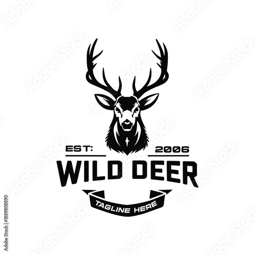 Wild deer head logo with antlers in vintage badge style for outdoor hunting nature brand and premium emblem design
