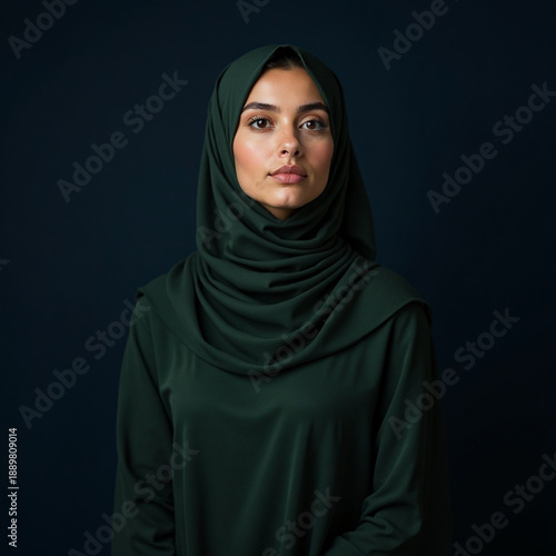 Woman Wearing Dark Green Hijab in Studio Portrait