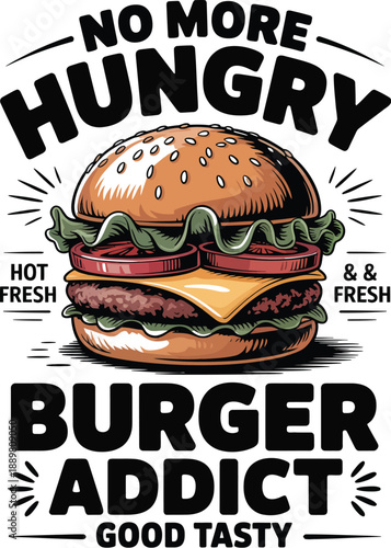 Burger with lettuce cheese and tomato on bun with text