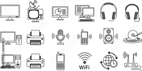 Electronic device and technology icon set for office and home use