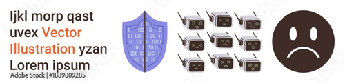 Data security, communication, technology issues, privacy risks, encryption, cybersecurity. Binary code on a shield, multiple radios sad face symbol. Data security and communication issues concept