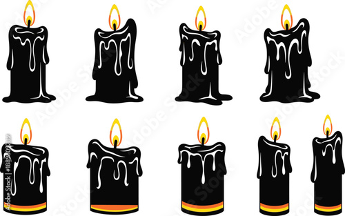 Set of melting black candle icons with yellow flame for dark design